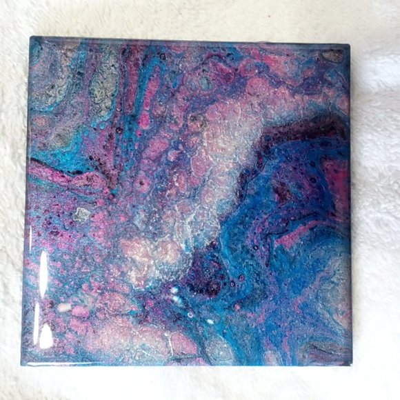 Hand Crafted Painted Tile Coasters Metallic Acrylic Fluid Art Painting Set … - Picture 3 of 6